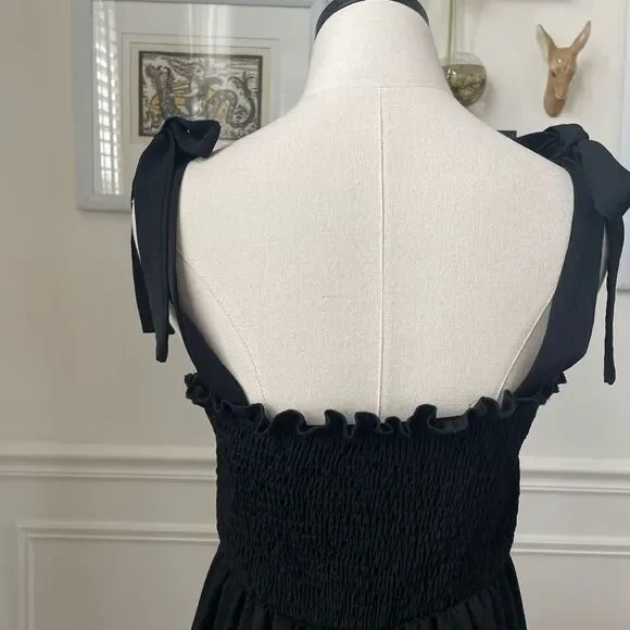 SHEIN Black Shoulder Tie Midi Dress Smocked Back M 6 - Picture 3 of 8